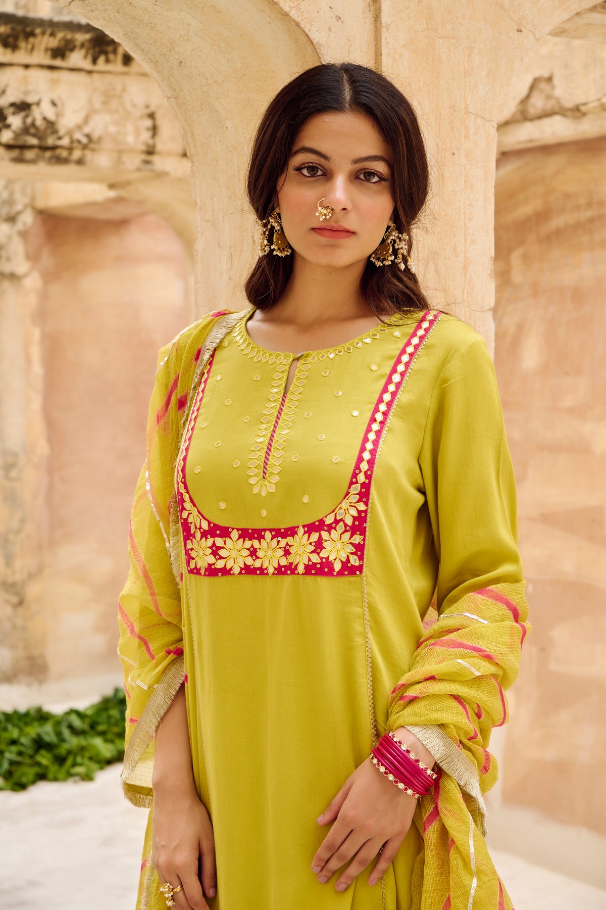 Lime Green Embroidered Cotton Kurta Pant Set with Dupatta