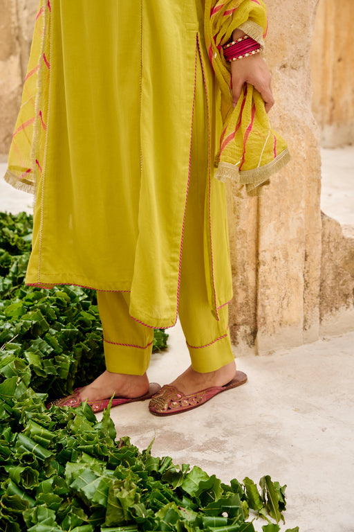 Lime Green Embroidered Cotton Kurta Pant Set with Dupatta