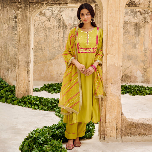 Lime Green Embroidered Cotton Kurta Pant Set with Dupatta
