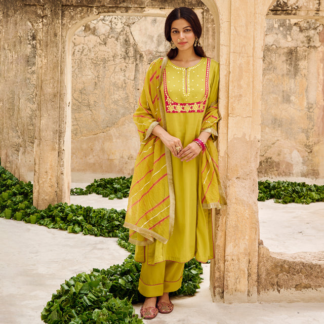 Lime Green Embroidered Cotton Kurta Pant Set with Dupatta