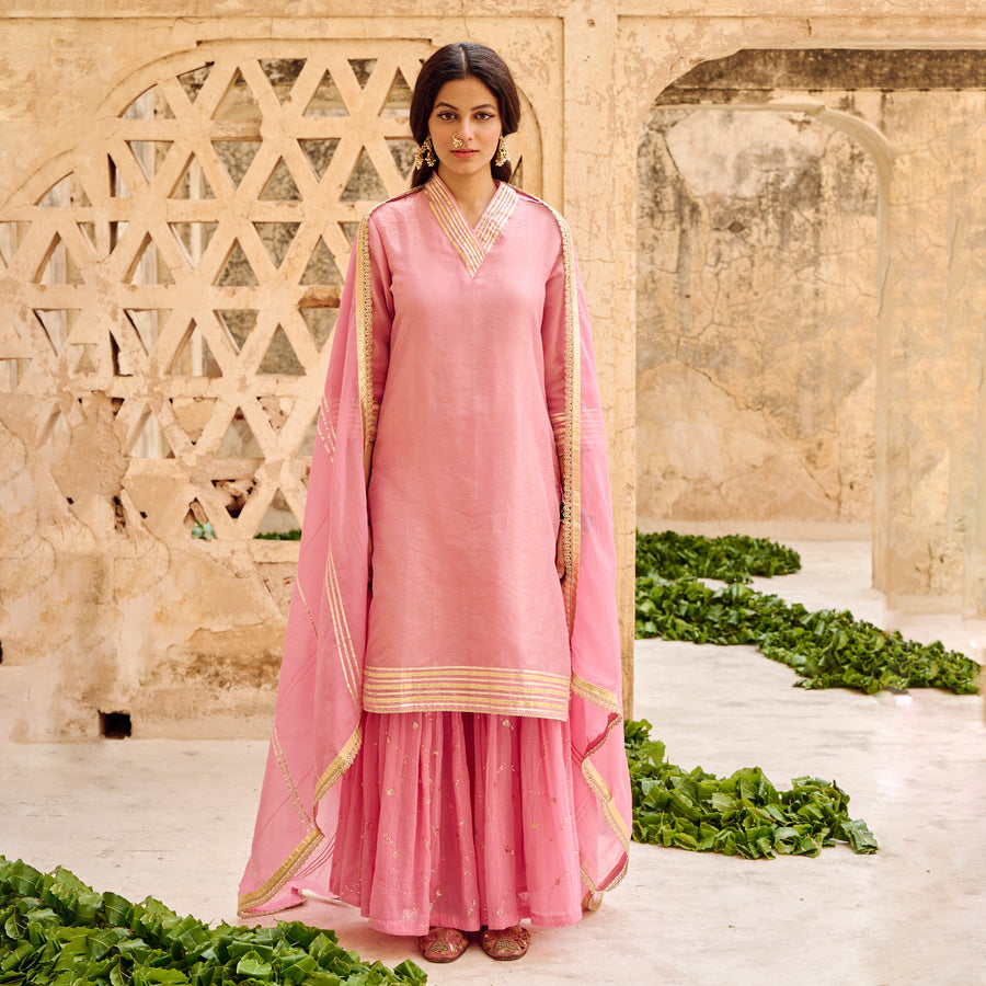 Pink Tissuse Silk Embroidered Kurta Sharara Set with Dupatta