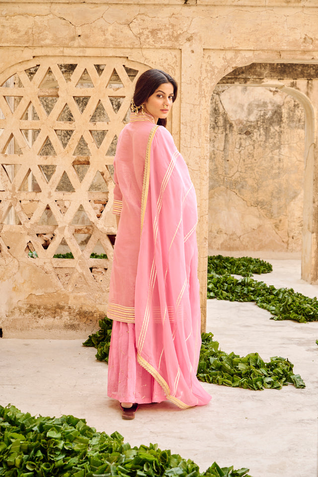 Pink Tissuse Silk Embroidered Kurta Sharara Set with Dupatta