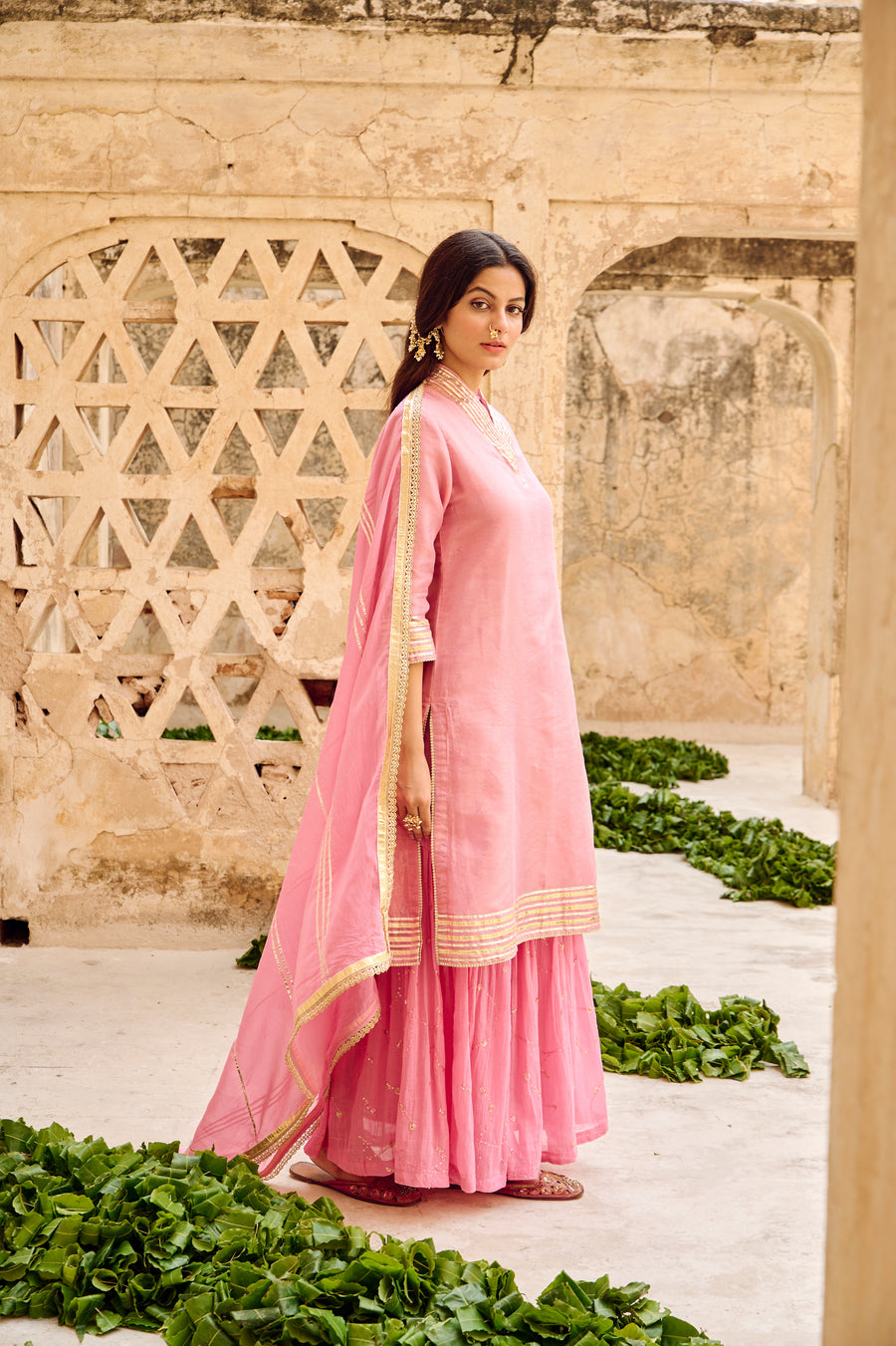 Pink Tissuse Silk Embroidered Kurta Sharara Set with Dupatta