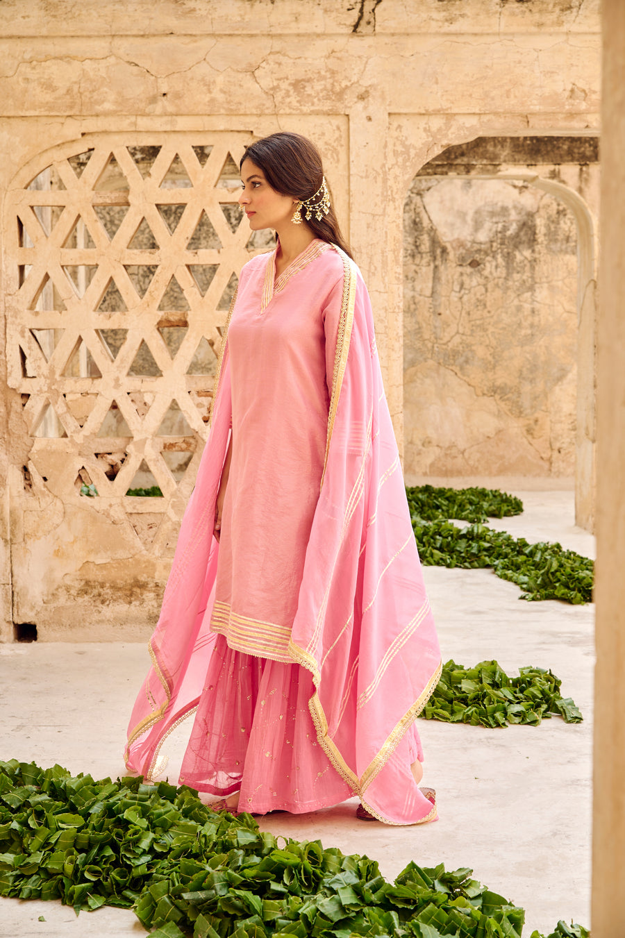 Pink Tissuse Silk Embroidered Kurta Sharara Set with Dupatta