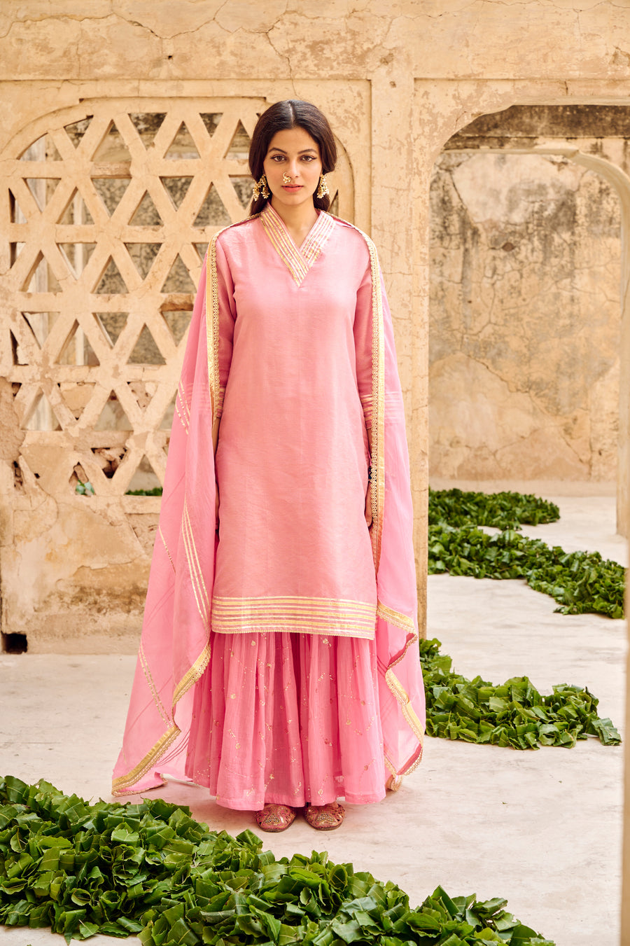 Pink Tissuse Silk Embroidered Kurta Sharara Set with Dupatta