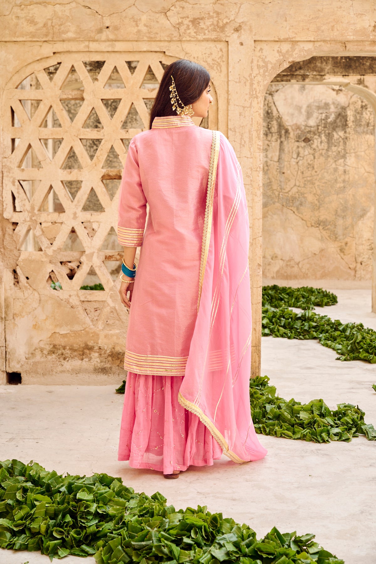 Pink Tissuse Silk Embroidered Kurta Sharara Set with Dupatta