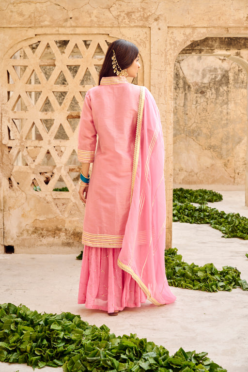 Pink Tissuse Silk Embroidered Kurta Sharara Set with Dupatta