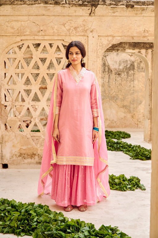 Pink Tissuse Silk Embroidered Kurta Sharara Set with Dupatta