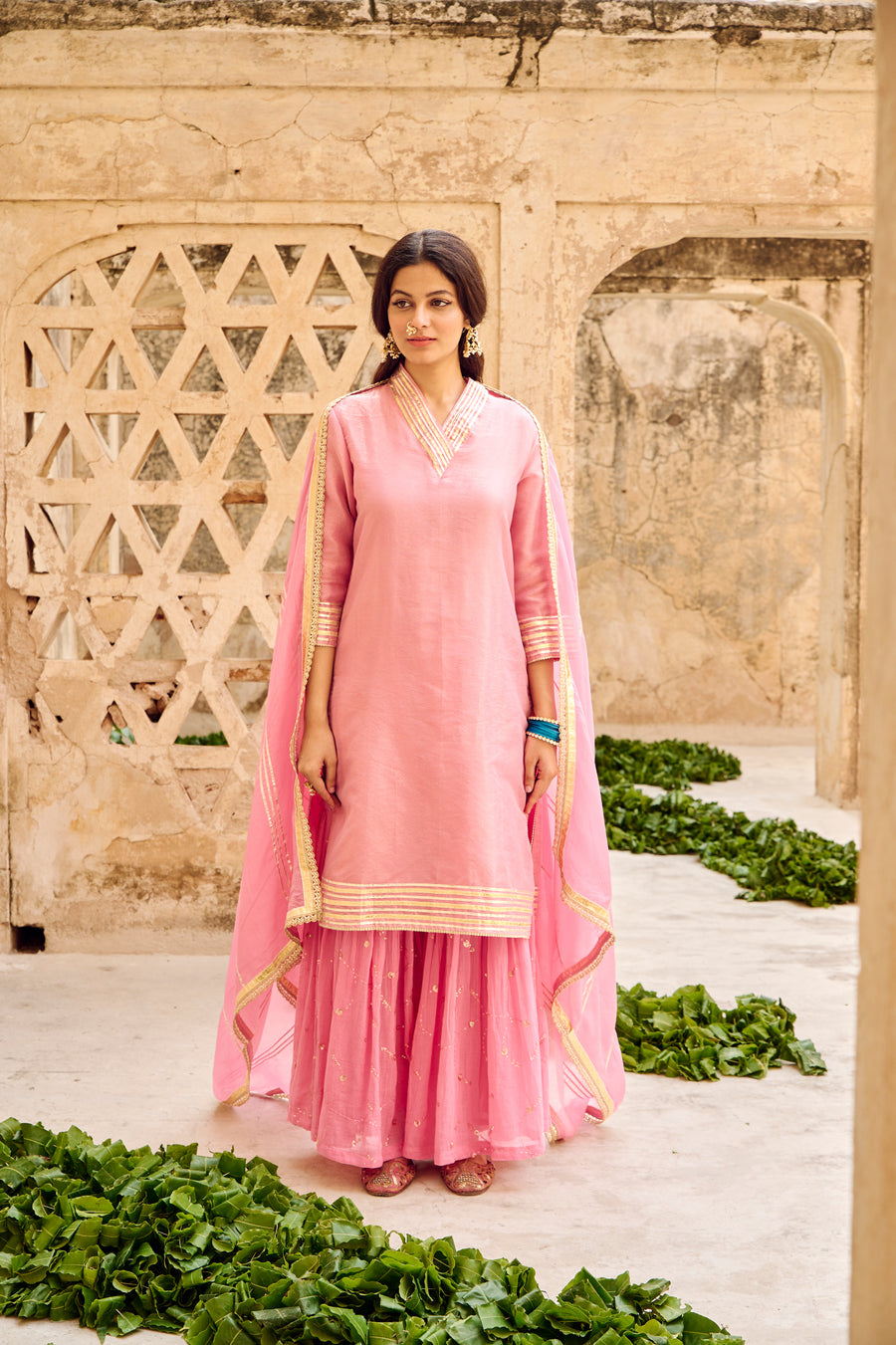 Pink Tissuse Silk Embroidered Kurta Sharara Set with Dupatta