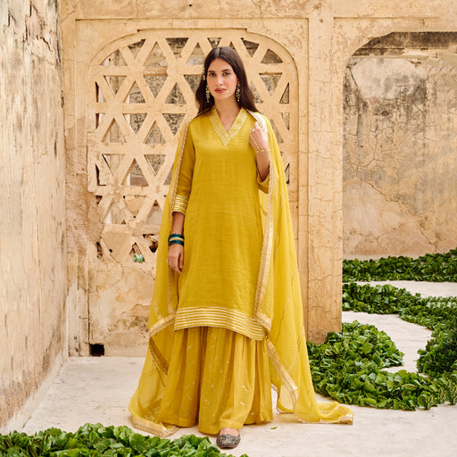 Mustard Yellow Tissuse Silk Embroidered Kurta Sharara Set with Dupatta