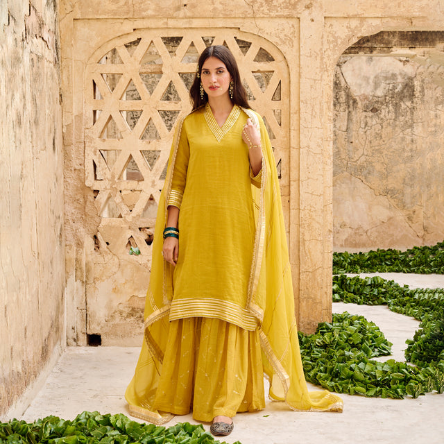 Mustard Yellow Tissuse Silk Embroidered Kurta Sharara Set with Dupatta