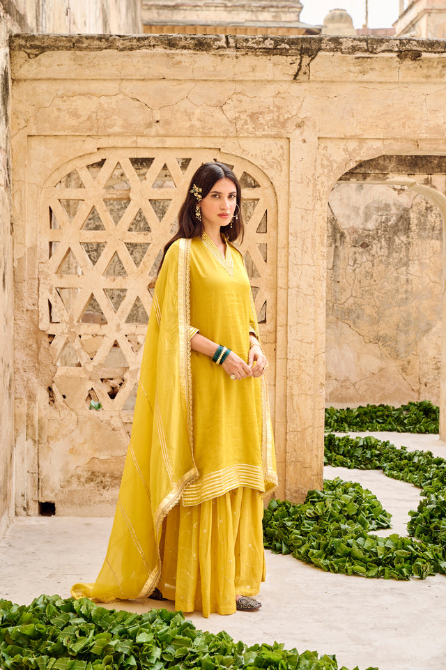 Mustard Yellow Tissuse Silk Embroidered Kurta Sharara Set with Dupatta