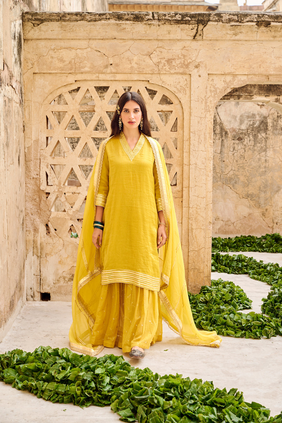 Mustard Yellow Tissuse Silk Embroidered Kurta Sharara Set with Dupatta