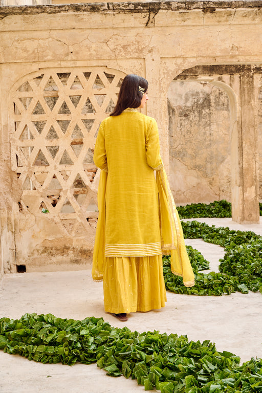 Mustard Yellow Tissuse Silk Embroidered Kurta Sharara Set with Dupatta