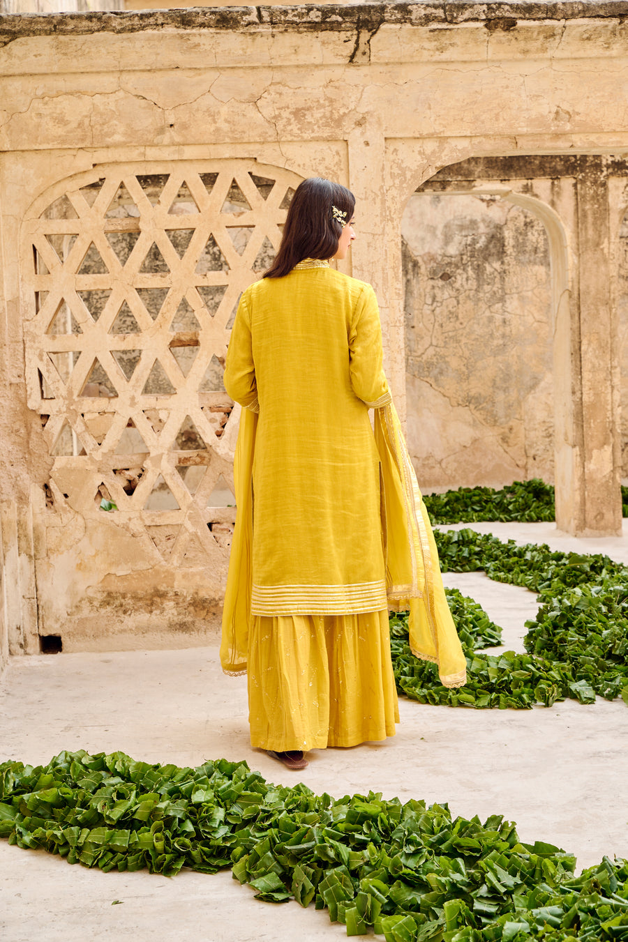 Mustard Yellow Tissuse Silk Embroidered Kurta Sharara Set with Dupatta