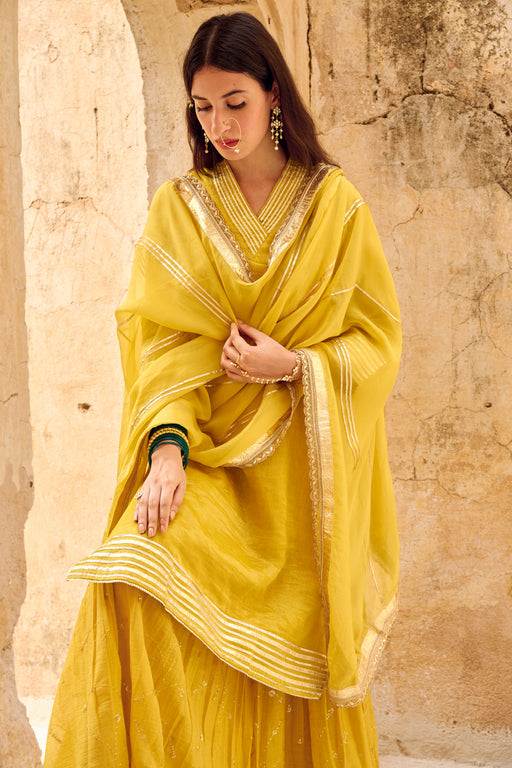 Mustard Yellow Tissuse Silk Embroidered Kurta Sharara Set with Dupatta