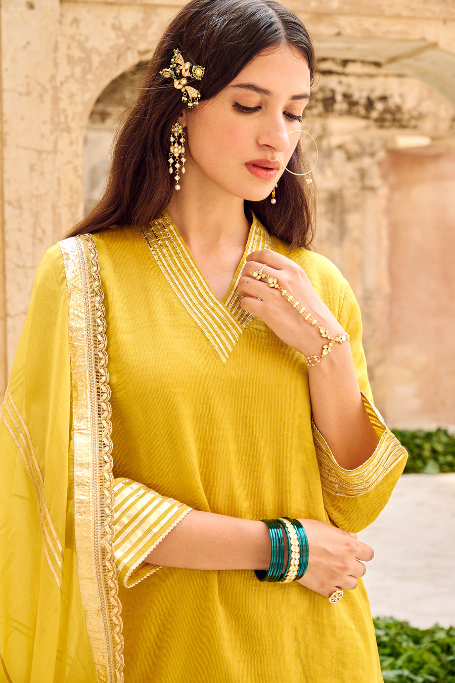 Mustard Yellow Tissuse Silk Embroidered Kurta Sharara Set with Dupatta