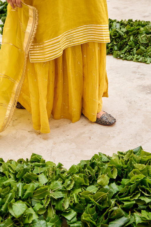 Mustard Yellow Tissuse Silk Embroidered Kurta Sharara Set with Dupatta
