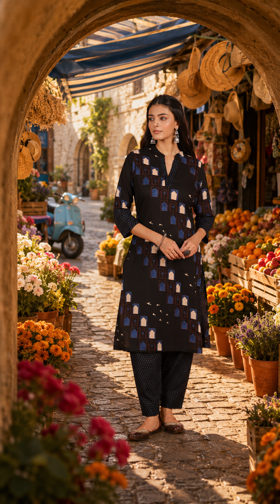 Black Cotton Slub Kurta with Afghani Pant