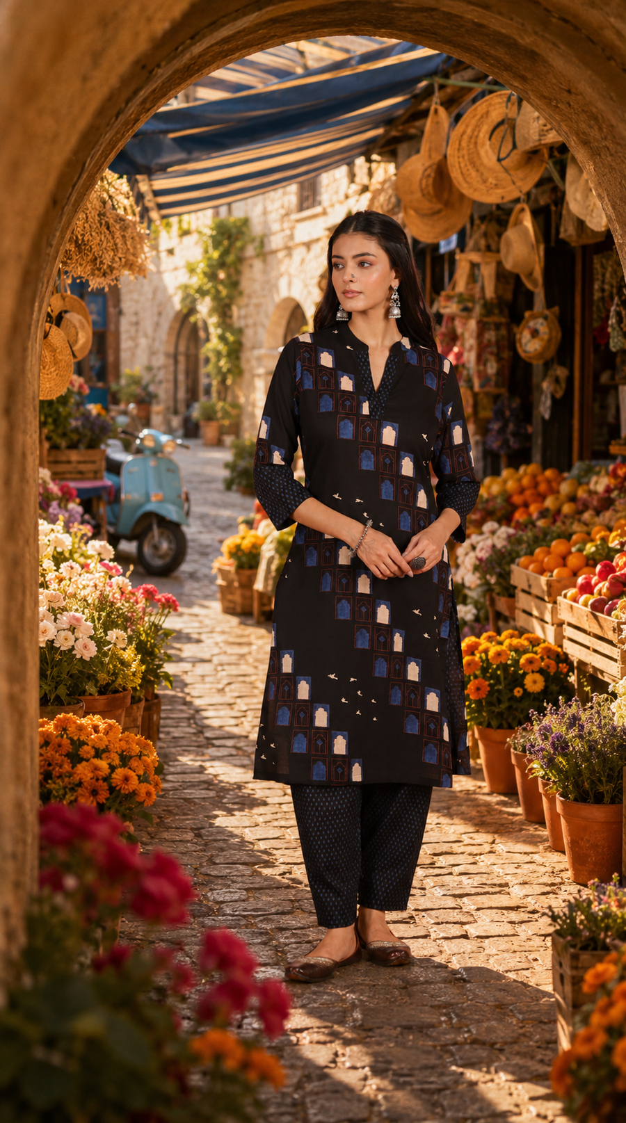 Black Cotton Slub Kurta with Afghani Pant