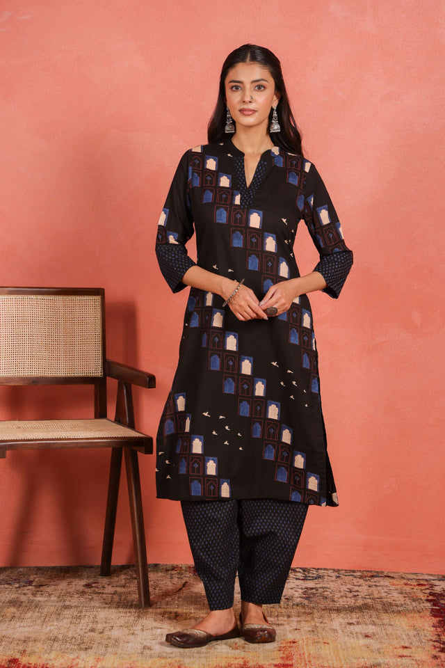 Black Cotton Slub Kurta with Afghani Pant