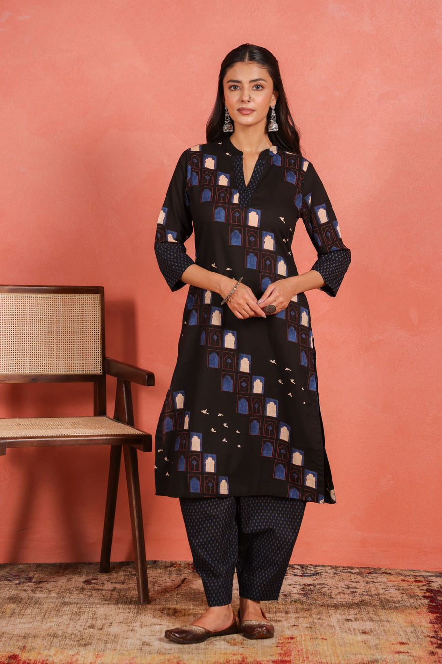 Black Cotton Slub Kurta with Afghani Pant