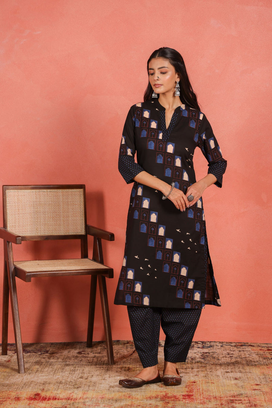 Black Cotton Slub Kurta with Afghani Pant