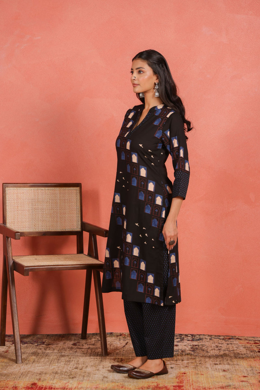 Black Cotton Slub Kurta with Afghani Pant