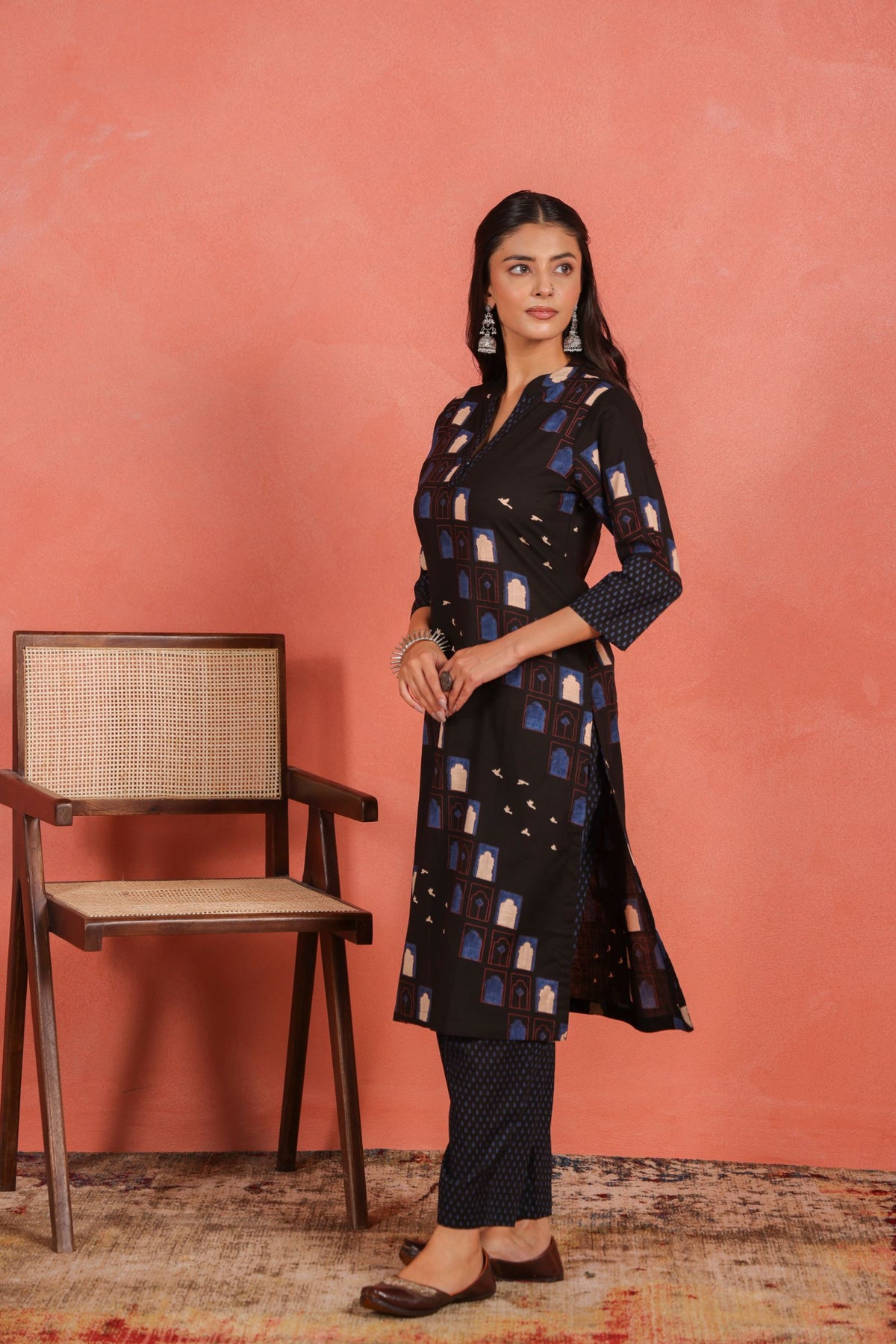Black Cotton Slub Kurta with Afghani Pant