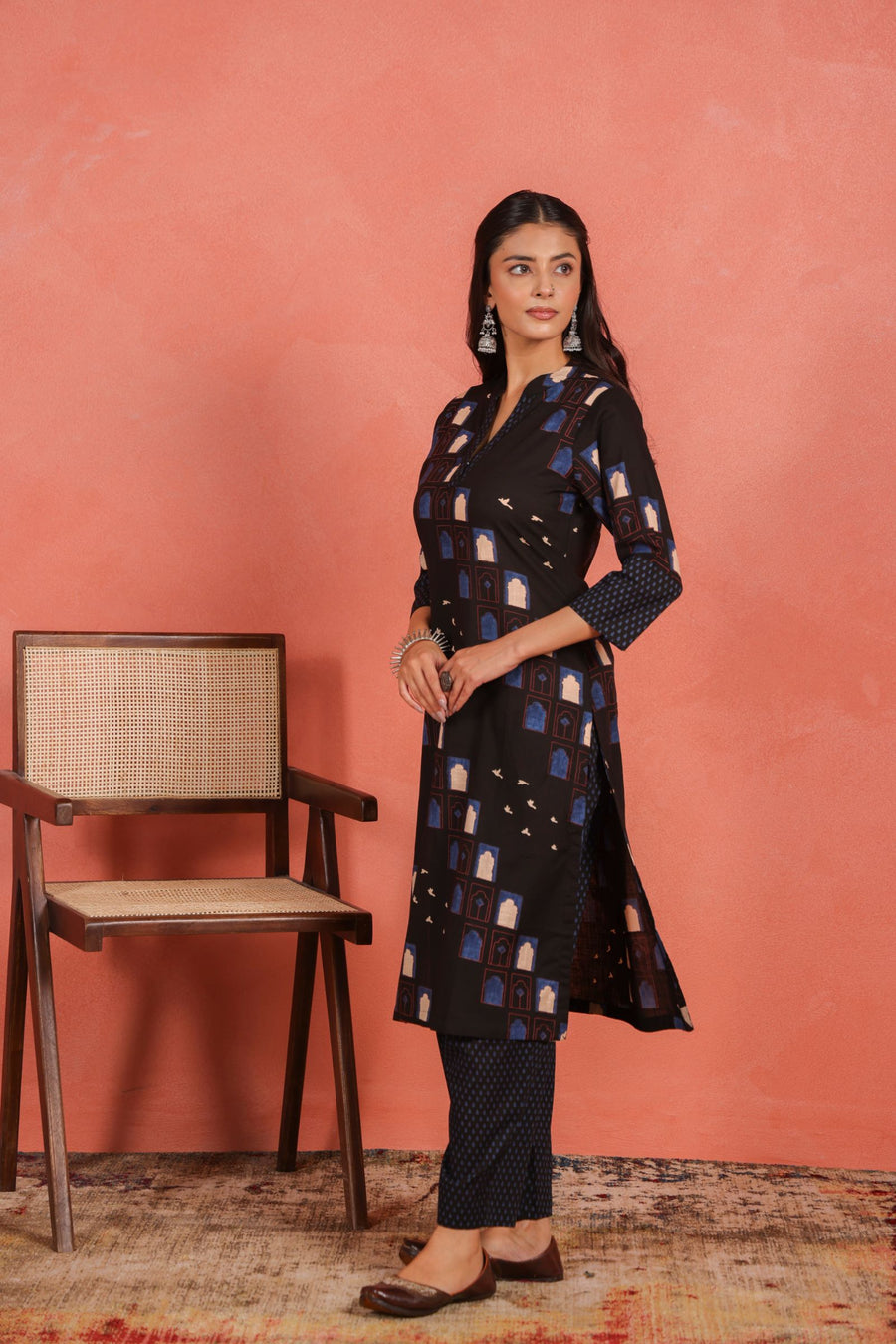 Black Cotton Slub Kurta with Afghani Pant