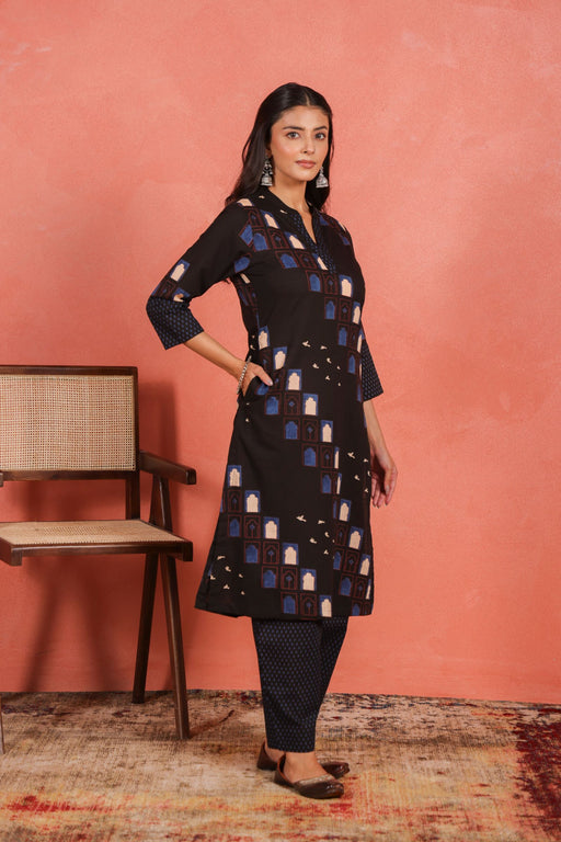 Black Cotton Slub Kurta with Afghani Pant
