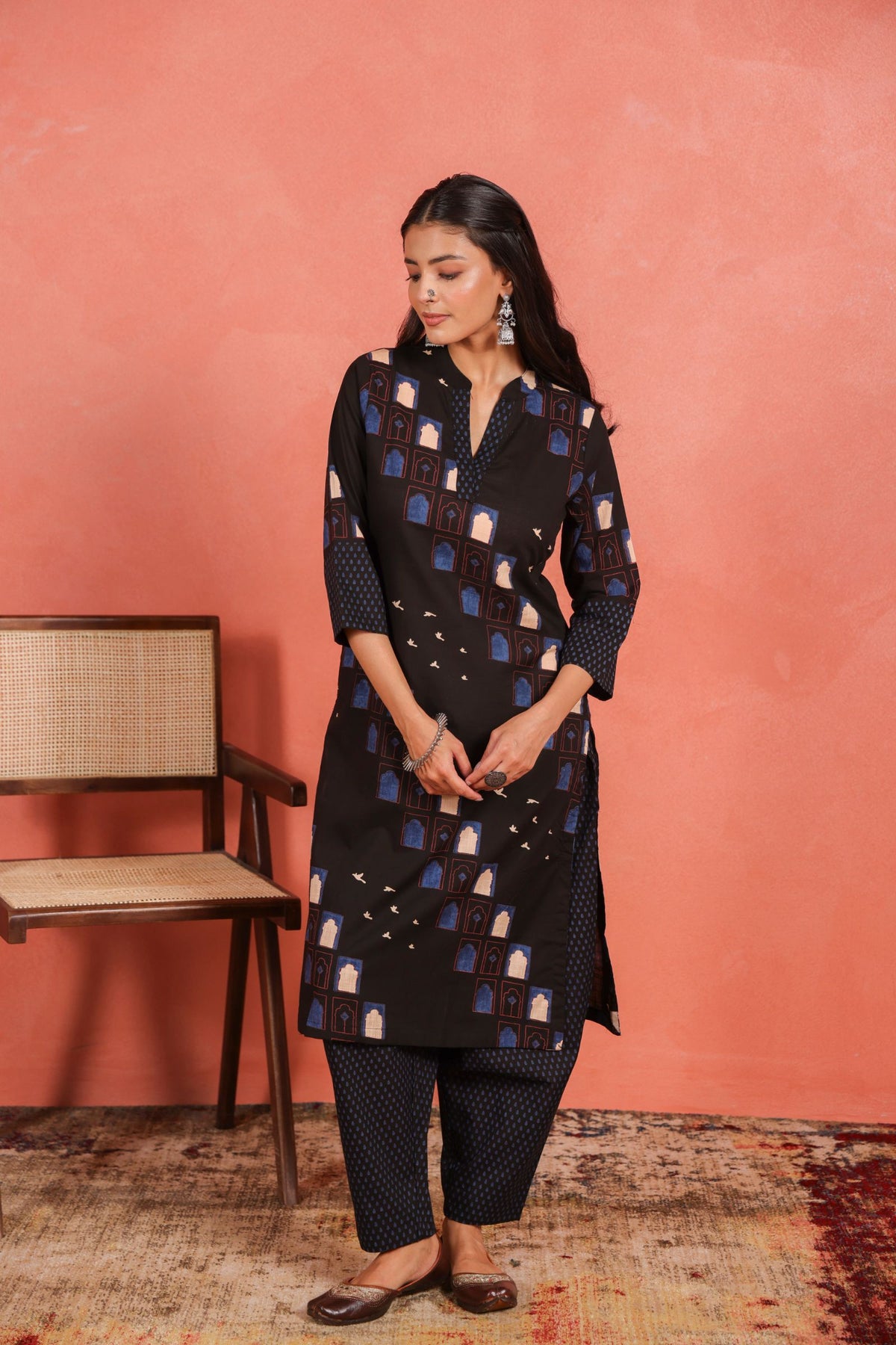 Black Cotton Slub Kurta with Afghani Pant