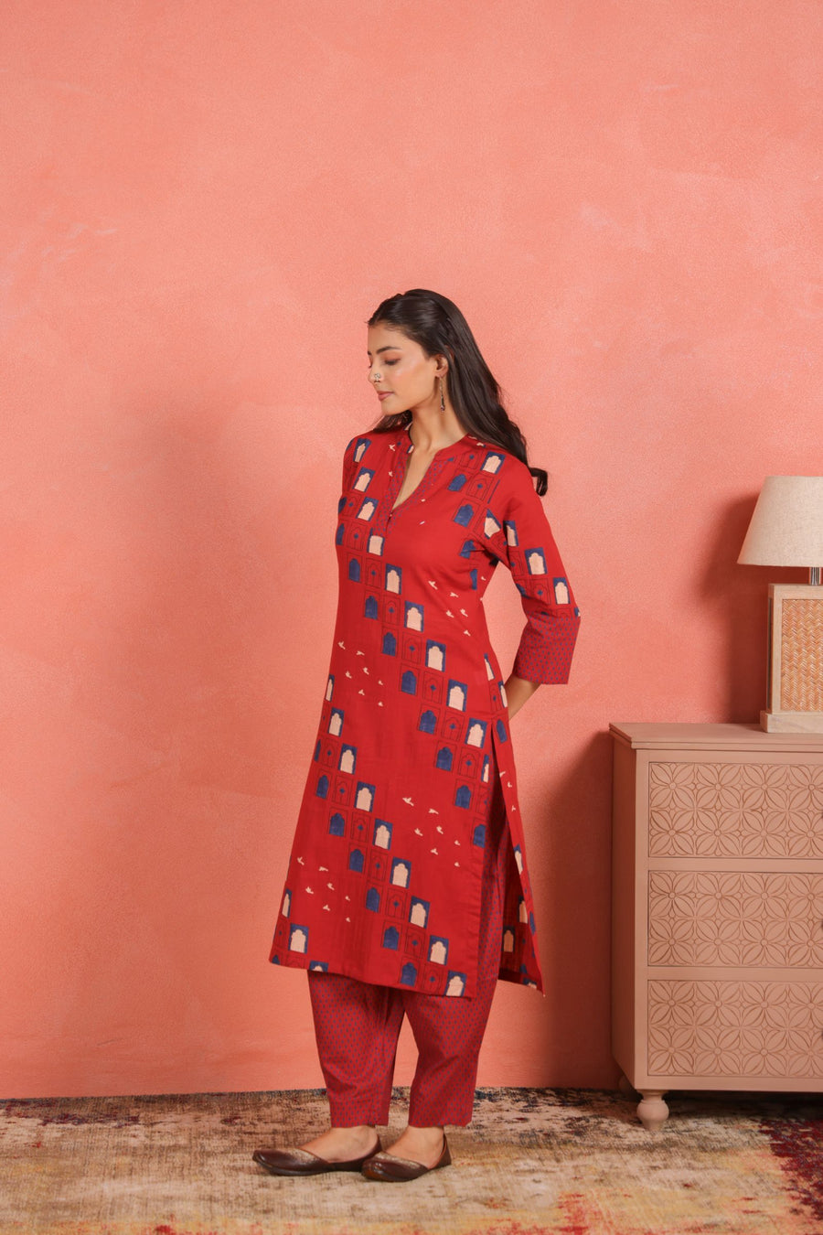 Brick Red Cotton Slub Kurta with Afghani Pant