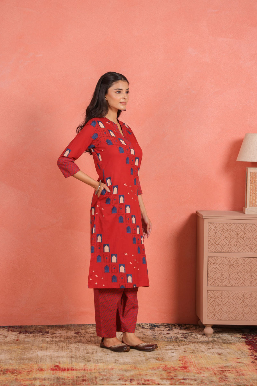 Brick Red Cotton Slub Kurta with Afghani Pant