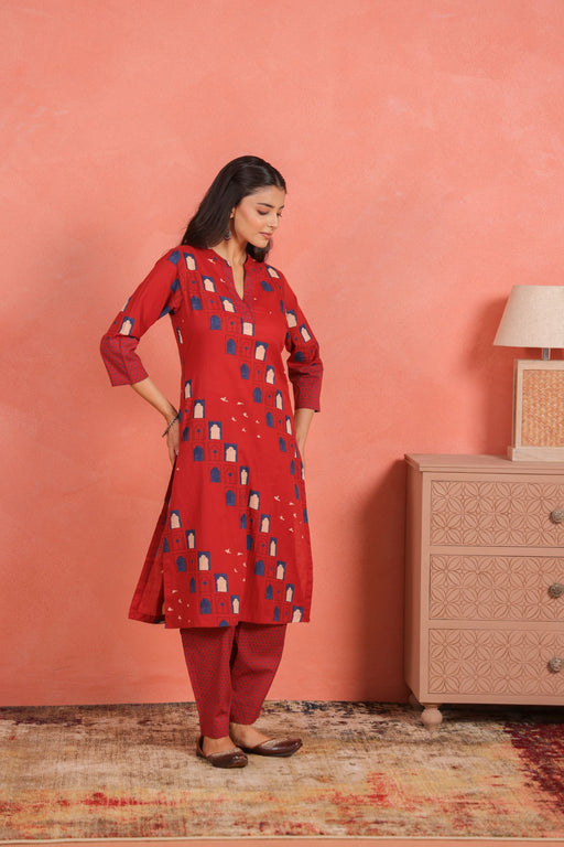 Brick Red Cotton Slub Kurta with Afghani Pant