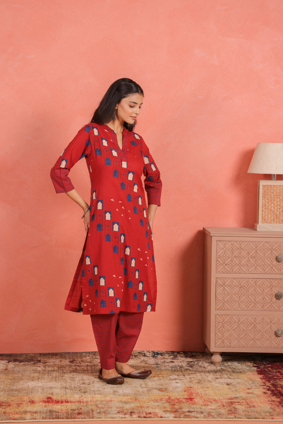 Brick Red Cotton Slub Kurta with Afghani Pant