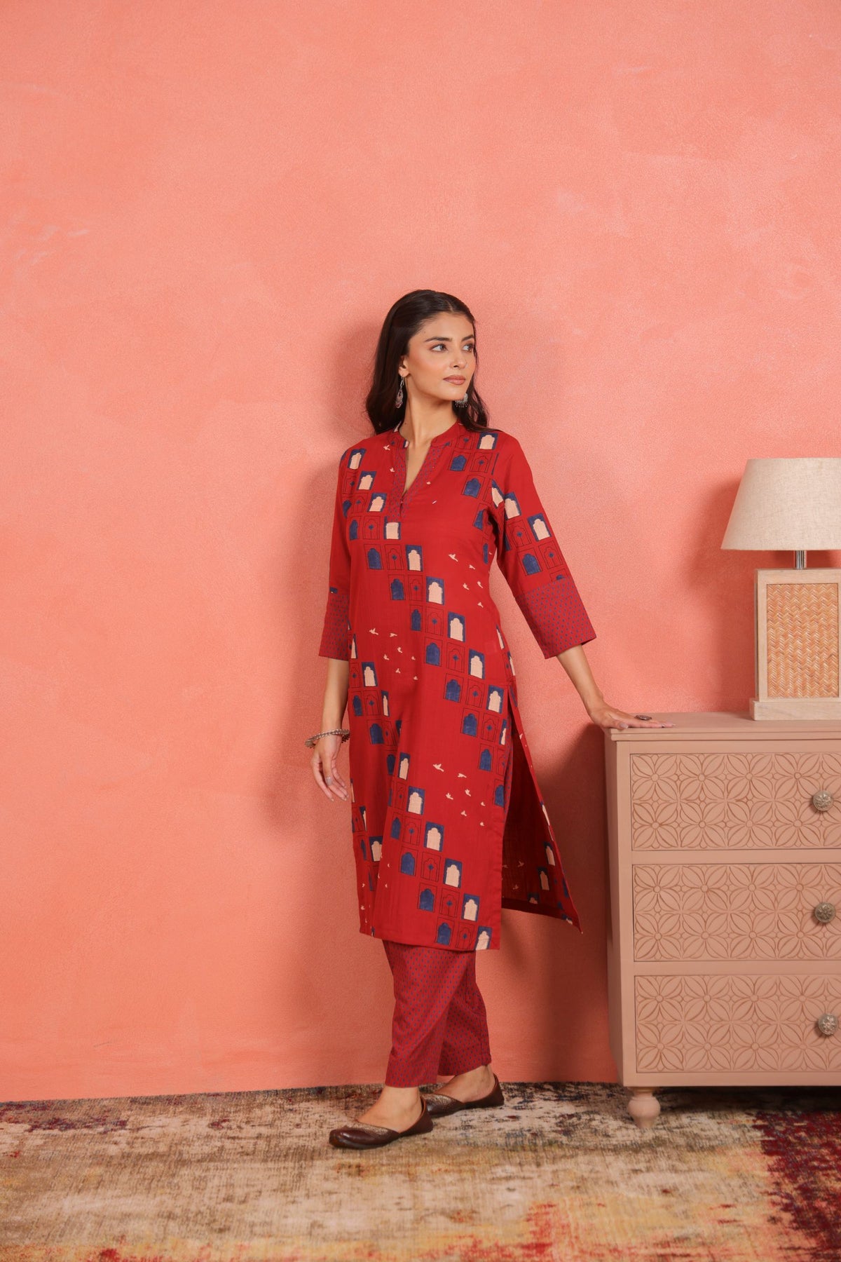 Brick Red Cotton Slub Kurta with Afghani Pant