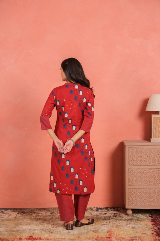 Brick Red Cotton Slub Kurta with Afghani Pant