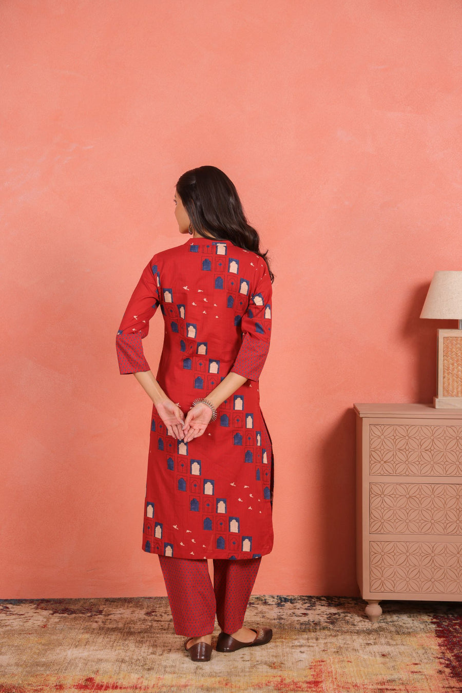Brick Red Cotton Slub Kurta with Afghani Pant