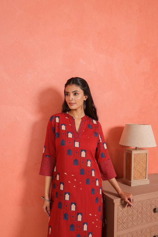 Brick Red Cotton Slub Kurta with Afghani Pant