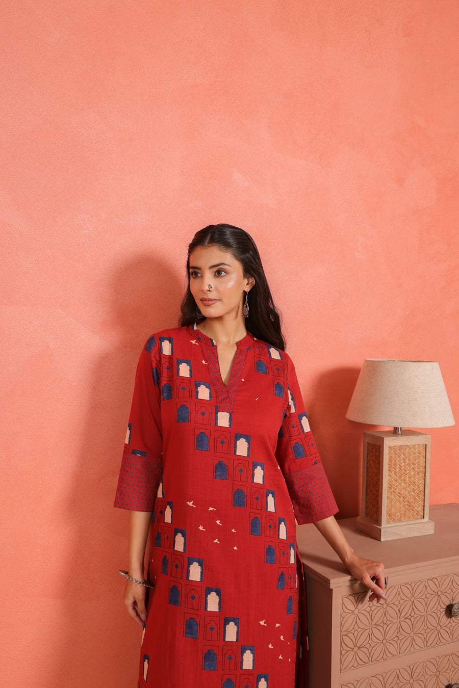 Brick Red Cotton Slub Kurta with Afghani Pant