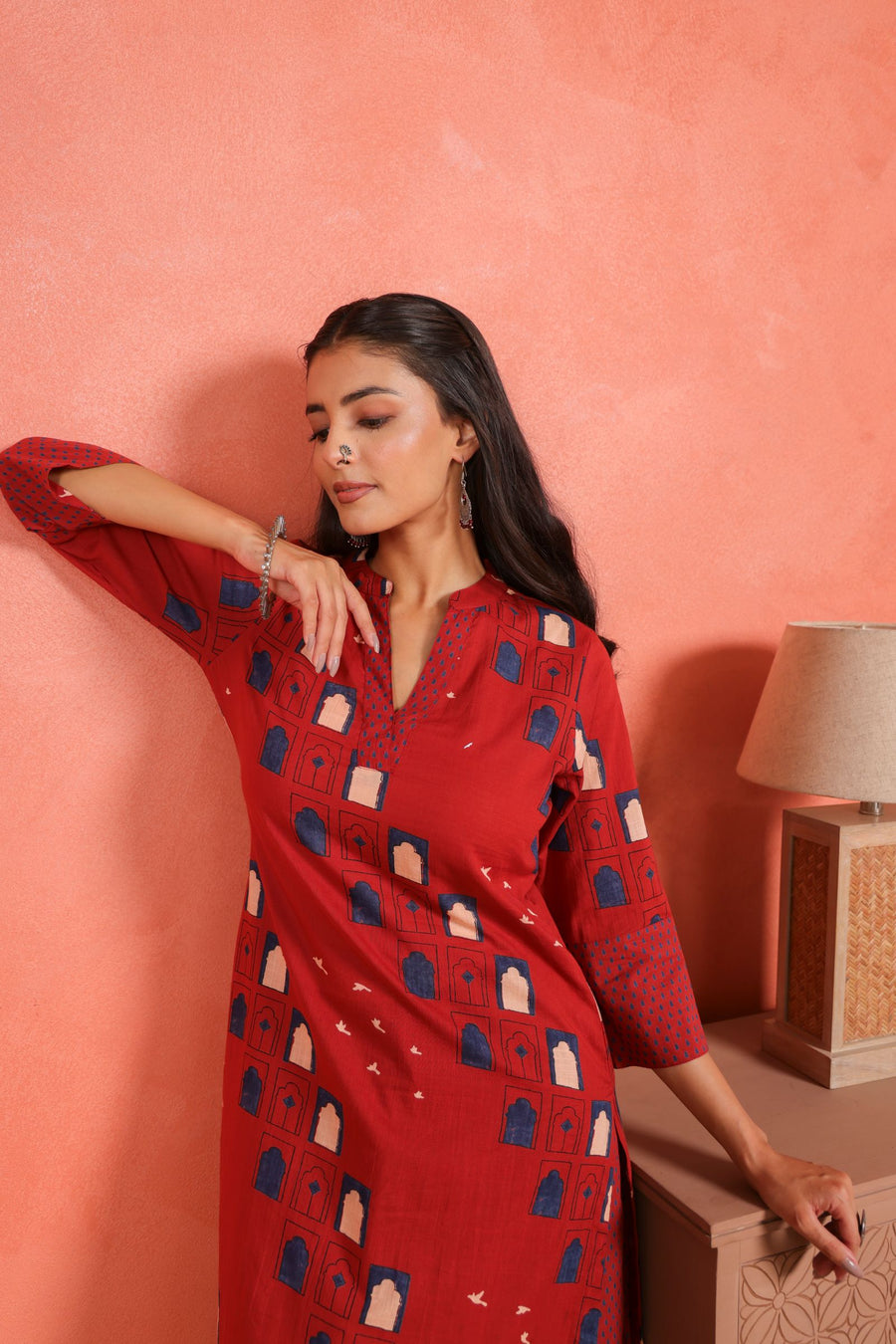 Brick Red Cotton Slub Kurta with Afghani Pant