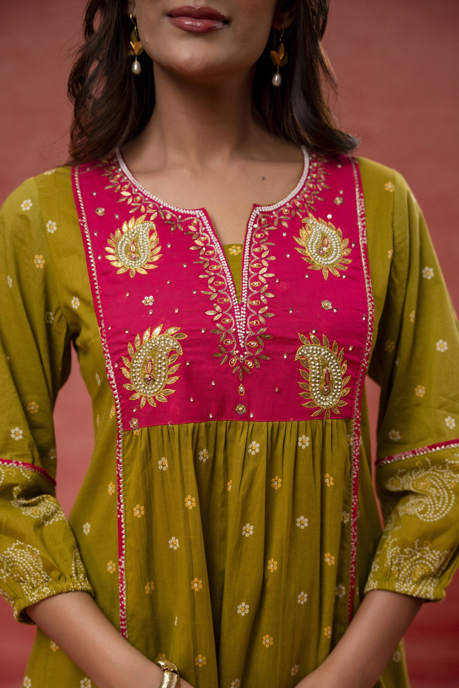 Green Cotton Kurta Set with Hand Gota Patti Work