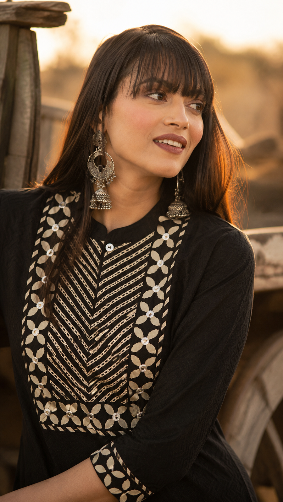 Black Dobby Straight Kurta with Printed Afghani Salwar