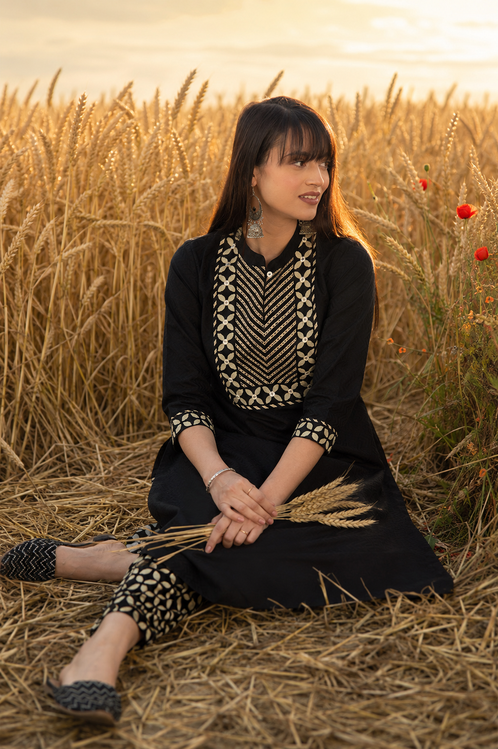 Black Dobby Straight Kurta with Printed Afghani Salwar