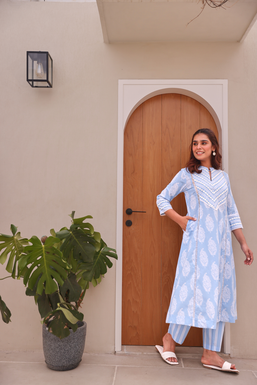 Blue Paisley Printed Cotton Kurta Pant Set With Lace Detail