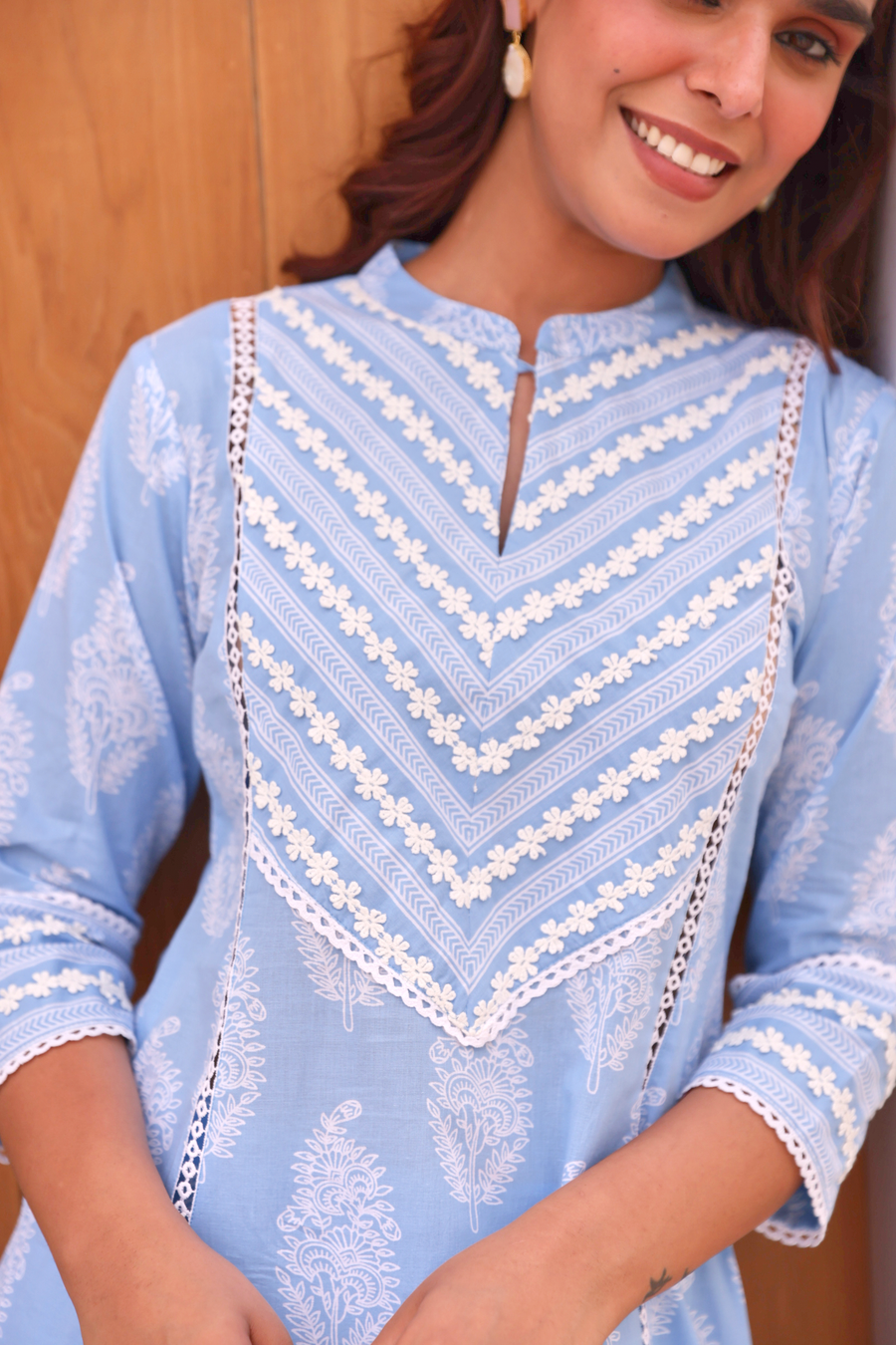 Blue Paisley Printed Cotton Kurta Pant Set With Lace Detail