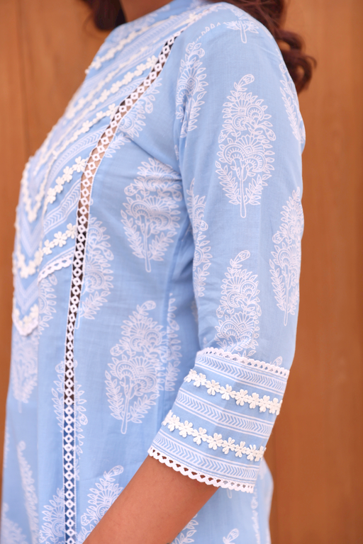 Blue Paisley Printed Cotton Kurta Pant Set With Lace Detail