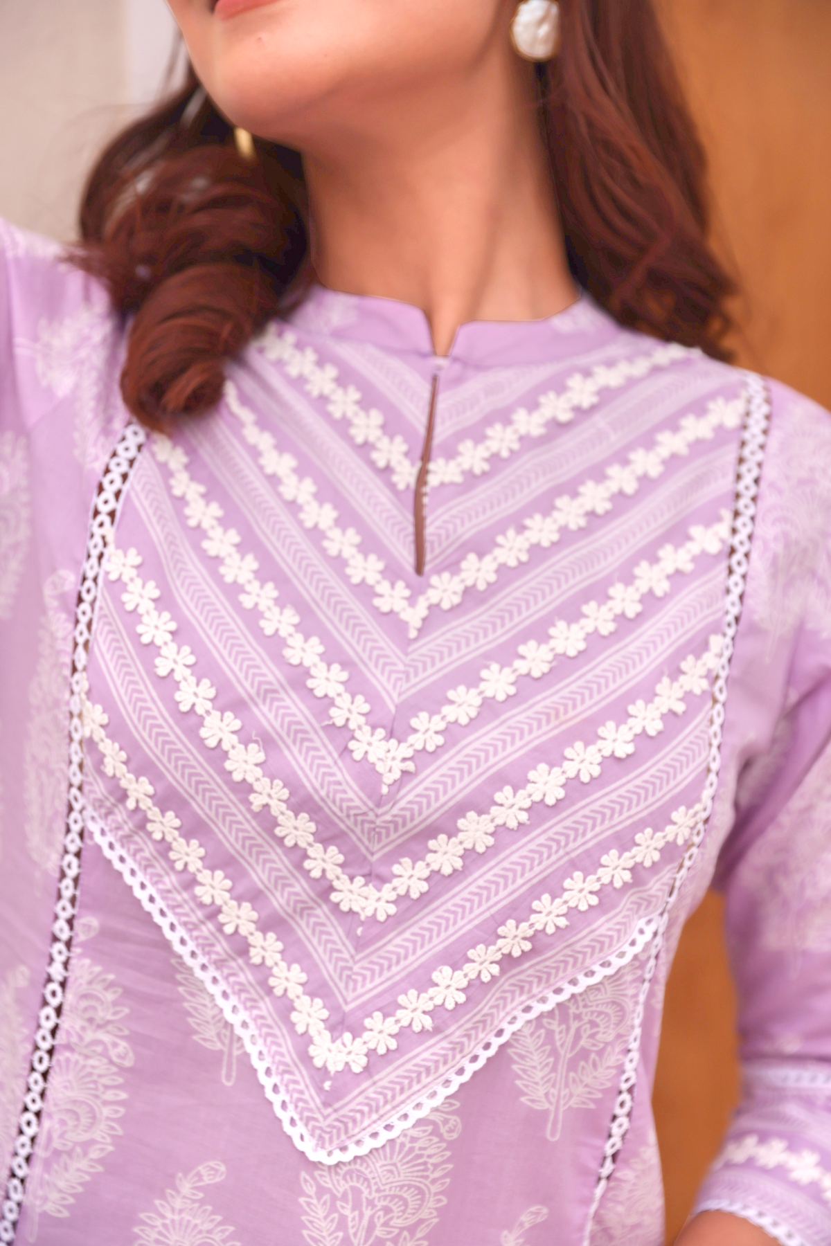 Lavender Paisley Printed Cotton Kurta Pant Set With Lace Detail