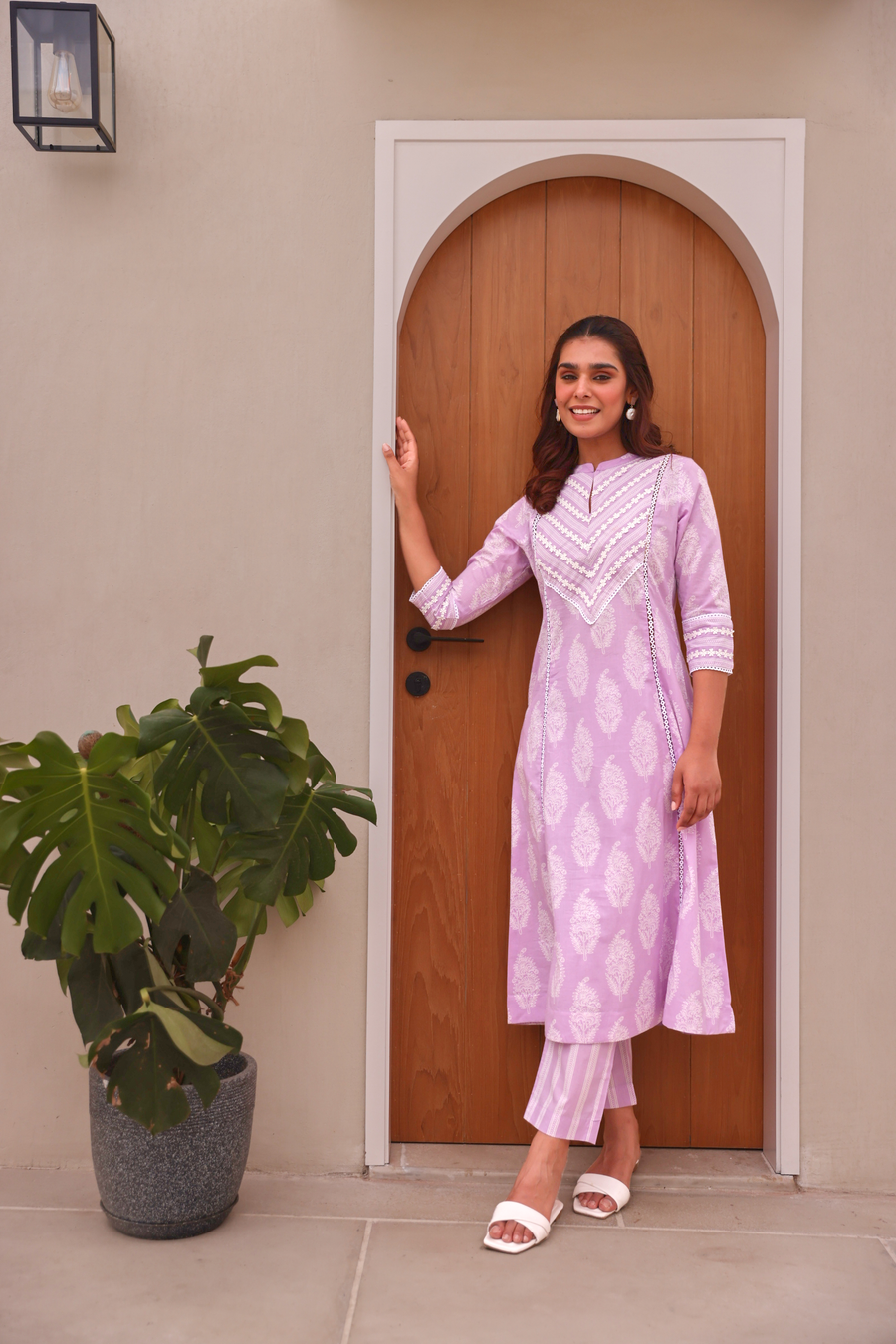 Lavender Paisley Printed Cotton Kurta Pant Set With Lace Detail